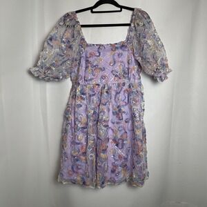 JODIFL Women's Lavender Floral Sequin Puff Sleeve Square Neck Dress Size L Fairy
